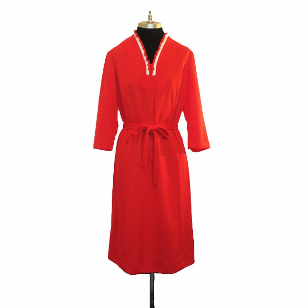 Vtg 60s Ruffle Neck Tie Waist Shift Dress M